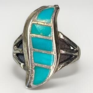 VTG Native American STERLING SILVER Turquoise Inlay Ring Size 5.5 UNMARKED